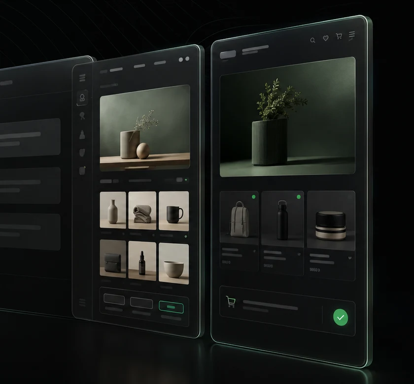 Three floating storefront panels: a checkout flow, a product grid and a product page, all in ZeroShop’s dark glass style